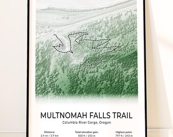 Multnomah Falls Trail Map Poster, Topographic Oregon Wall Art, Columbia River Gorge, Larch Mountain, Benson Bridge, Tallest Falls Print