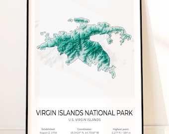 Virgin Islands National Park Map Poster, Topographic US Virgin Islands Wall Art, Trunk Bay, Cinnamon Bay, Annaberg Sugar Plantation Print