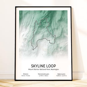Affiche de carte de boucle d'horizon du mont Rainier, art mural du parc national, impression de sentier topographique, souvenir de Washington, cadeau de randonnée, décoration paysage