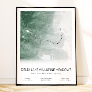 Affiche de carte du lac du delta du Grand Teton, art mural du parc national, impression de sentier topographique, souvenir du Wyoming, cadeau pour amateur de randonnée, décoration de paysage