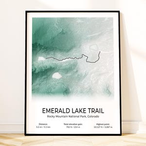 Rocky Mountain Emerald Lake kaart poster, nationaal park kunst aan de muur, topografische print, Colorado souvenir, wandelliefhebber cadeau, landschapsdecor