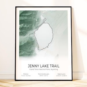Póster del mapa del lago Jenny de Grand Teton, arte mural del parque nacional, impresión de senderos topográficos, recuerdo de Wyoming, regalo para amantes del senderismo, decoración paisajística