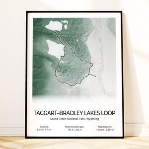 Póster del mapa del lago Taggart-Bradley de Grand Teton, arte mural del parque nacional, impresión de senderos topográficos, recuerdo de Wyoming, regalo de senderismo, decoración paisajística