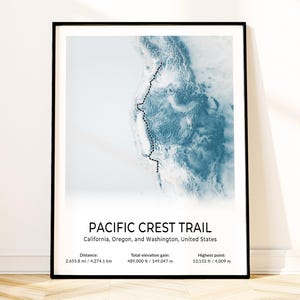 Pacific Crest Trail kaart poster, topografische kunst aan de muur, PCT backpacken print, West Coast Mountains souvenir, cadeau wandelaar, landschapsdecor