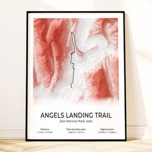 Zion Angels Landing Map Poster, Nationalpark Wandkunst, Topographischer Weg Druck, Utah Souvenir, Naturliebhaber Wandergeschenk, Landschaftsdekor