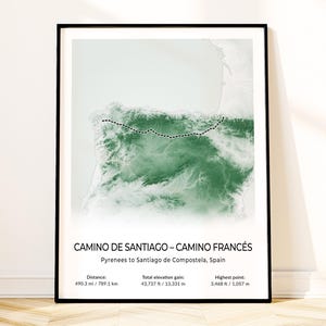 Affiche de carte du Camino de Santiago, art mural de randonnée en Espagne, impression topographique à la française, souvenir de randonnée, cadeau de randonneur, décoration de paysage