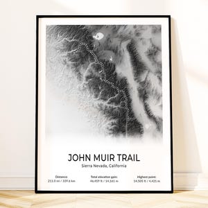 Affiche de carte du sentier John Muir, art mural Sierra Nevada, impression topographique, souvenir de Californie, cadeau de randonnée, paysage, décoration d'intérieur