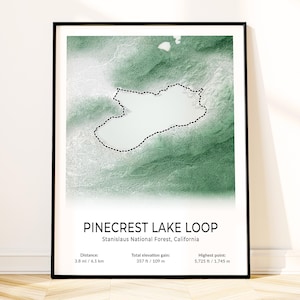 Affiche de carte du lac Pinecrest, art mural Sierra Nevada, impression de sentier topographique, souvenir de Californie, cadeau de randonnée pour amateur de plein air, décoration paysage