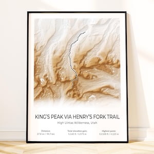 Pôster com o mapa da trilha do Pico King's de Utah, arte de parede topográfica, impressão para mochileiros, lembrança da montanha mais alta de Utah, presente para caminhantes, decoração de paisagens