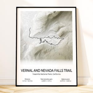 Affiche de carte du sentier de la brume Yosemite, art mural du parc national, impression topographique, souvenir de la Californie, cadeau de randonnée pour amateur de plein air, décoration de paysage