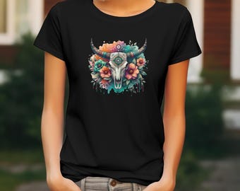 Boho Bull Skull Tee: Floral Cow Skull Graphic T-Shirt