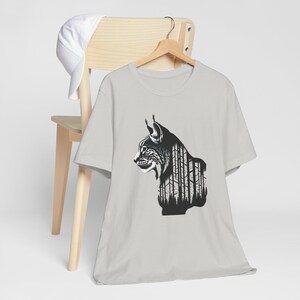 Lynx in the Birches Tee, Nature Graphic Shirt, Wildlife T-Shirt, Trees Short Sleeve Top, Outdoor Lover Gift, Animal Lover Apparel
