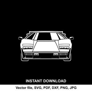 Op de afbeelding: Een witte vectorillustratie van een klassieke sportwagen tegen een zwarte achtergrond. De auto wordt van voren bekeken en toont zijn kenmerkende wigvorm en spoiler. De tekst "INSTANT DOWNLOAD" staat eronder.