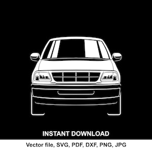Könnte beinhalten: Weißes Vektorbild eines Pick-up-Trucks vor schwarzem Hintergrund. Das Bild zeigt die Frontansicht des Fahrzeugs, mit Scheinwerfern, Kühlergrill und Stoßstange. Der Text "INSTANT DOWNLOAD" und Dateiformate sind unten zu sehen.