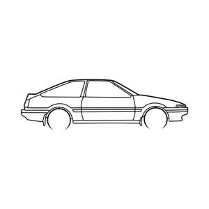 May include: A black and white line drawing of a coupe car. The car is viewed from the side and has a rounded body style.
