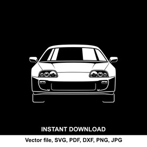 May include: A white vector illustration of a sports car against a black background. The car is viewed head-on, showcasing its headlights, grille, and windshield. The words "INSTANT DOWNLOAD" are at the bottom, along with file type options.