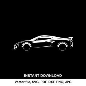 May include: White silhouette of a sports car on a black background. The car design features a low profile, aerodynamic shape, and large wheels. The image includes the text "INSTANT DOWNLOAD" and file type options.