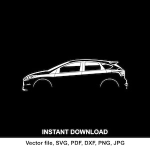 May include: A white outline of a hatchback car on a black backdrop. The car's design is minimalist, with clean lines and visible details like headlights, windows, and a spoiler. The text "INSTANT DOWNLOAD" is below the car.