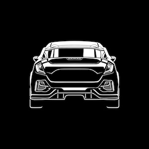 Könnte beinhalten: Eine weiße Strichzeichnung der Frontansicht eines modernen Autos vor schwarzem Hintergrund. Das Auto hat detaillierte Scheinwerfer, eine markante Frontstoßstange und einen Spoiler. Das Design ist sauber und minimalistisch und betont die Form des Fahrzeugs.