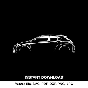 Pode incluir: Um desenho de linha branca de um carro hatchback moderno contra um fundo preto. A imagem inclui as palavras "DOWNLOAD INSTANTÂNEO" e opções de tipo de arquivo: SVG, PDF, DXF, PNG, JPG.