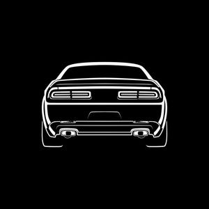 May include: A white silhouette of a rear view of a car with blacked out windows and a black background.