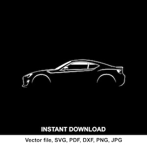 May include: A white outline of a sports car on a black backdrop. The car's design is streamlined, with visible headlights, a side profile, and taillights. Text at the bottom reads "INSTANT DOWNLOAD" and file types.