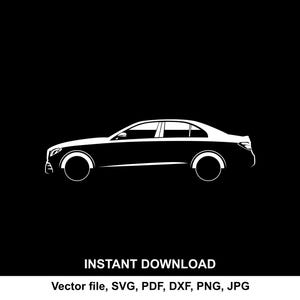 May include: White silhouette of a sedan car on a black background. The car is depicted in profile, showcasing its sleek design. The image includes the text "INSTANT DOWNLOAD" and file type options: SVG, PDF, DXF, PNG, JPG.