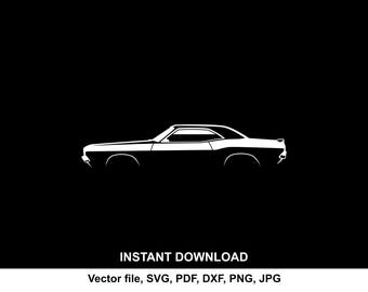 May include: A white silhouette of a classic muscle car against a black background. The car's design is detailed, showcasing its iconic shape. Below the car, the words "INSTANT DOWNLOAD" are displayed, along with file type options.