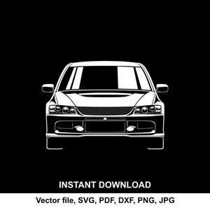 Op de afbeelding: Een zwart-wit illustratie van een auto, van voren gezien. De auto heeft een gedetailleerde grille, koplampen en een ruimte voor de nummerplaat. De tekst "INSTANT DOWNLOAD" en bestandsinfo zijn inbegrepen.