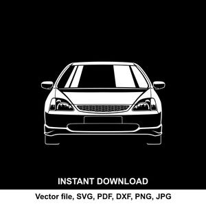 Könnte beinhalten: Weiße Autoillustration auf schwarzem Hintergrund. Das Auto ist von vorne dargestellt und zeigt Scheinwerfer, einen Kühlergrill und eine Windschutzscheibe. Der Text "SOFORT-DOWNLOAD" und Dateitypoptionen sind enthalten.