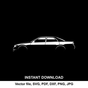 May include: A white silhouette of a sedan car against a black background. The car's design is minimalist, with clean lines. The image includes the text "INSTANT DOWNLOAD" and file type options: SVG, PDF, DXF, PNG, JPG.