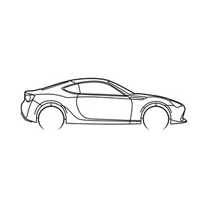 Peut inclure: Dessin au trait d'une voiture de sport noire et blanche. La voiture est vue de profil et présente un design élégant et moderne.