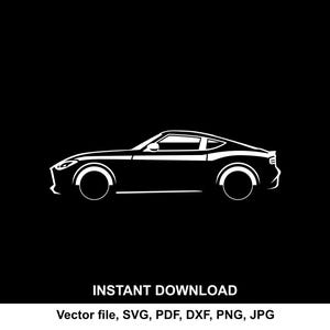 May include: A white silhouette graphic of a sports car in profile view against a solid black background. Below the car, the text reads INSTANT DOWNLOAD followed by the file formats Vector file, SVG, PDF, DXF, PNG, JPG.