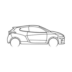 Op de afbeelding: Lijntekening van een moderne compacte auto, gezien vanaf de zijkant. De auto heeft een gestroomlijnd ontwerp met een aflopende daklijn, een achterspoiler en grote wielen. De afbeelding is een eenvoudige zwarte omtrek op een witte achtergrond.