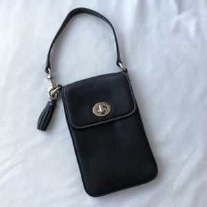 Vintage Coach Black Leather Wristlet Small Case Pouch Tassel Nickel Turn Lock