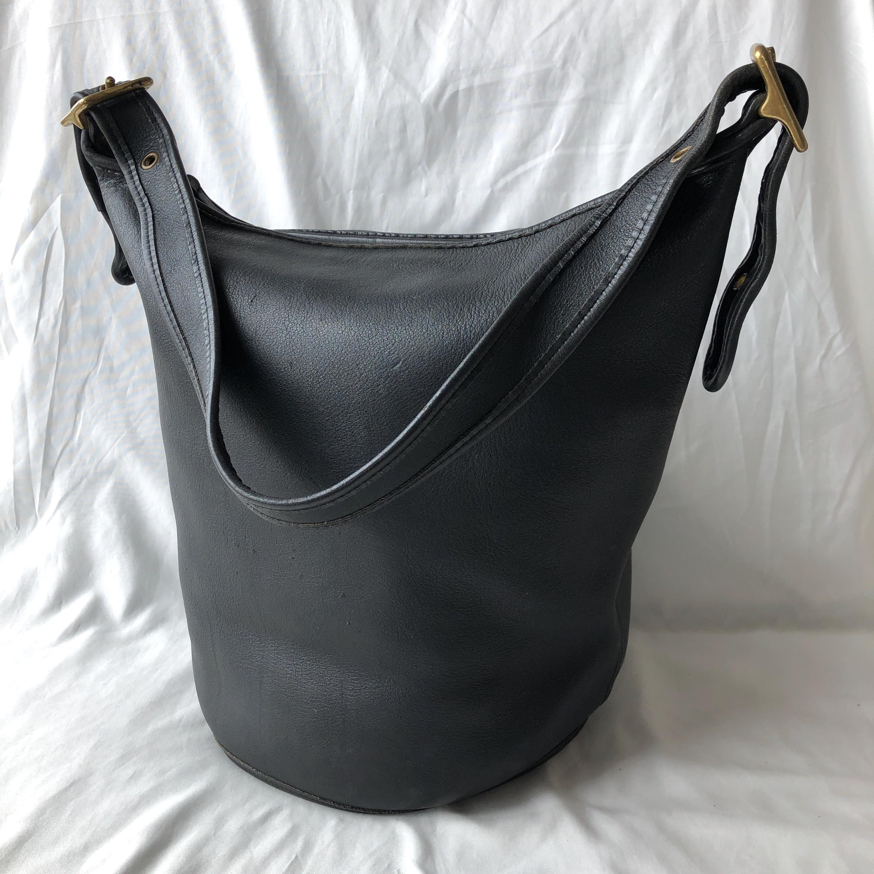 バッグ Old Coach Vintage Duffle Sac Bucket 9085 Vintage Coach 9085 Duffle Sac Black Leather XL Bucket Bag Made in