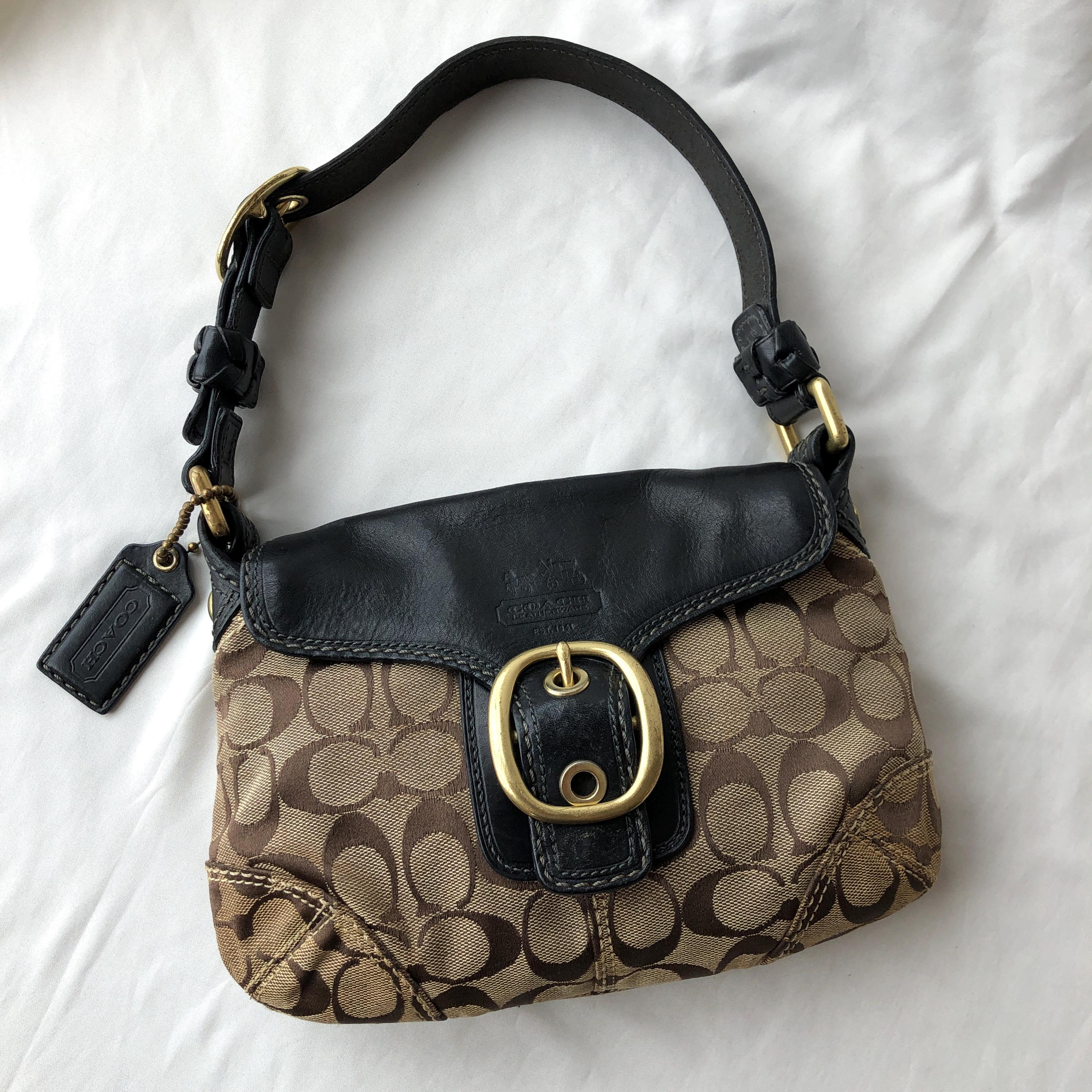 Coach Bleecker 11441 Signature Canvas Black Leather Flap Buckle