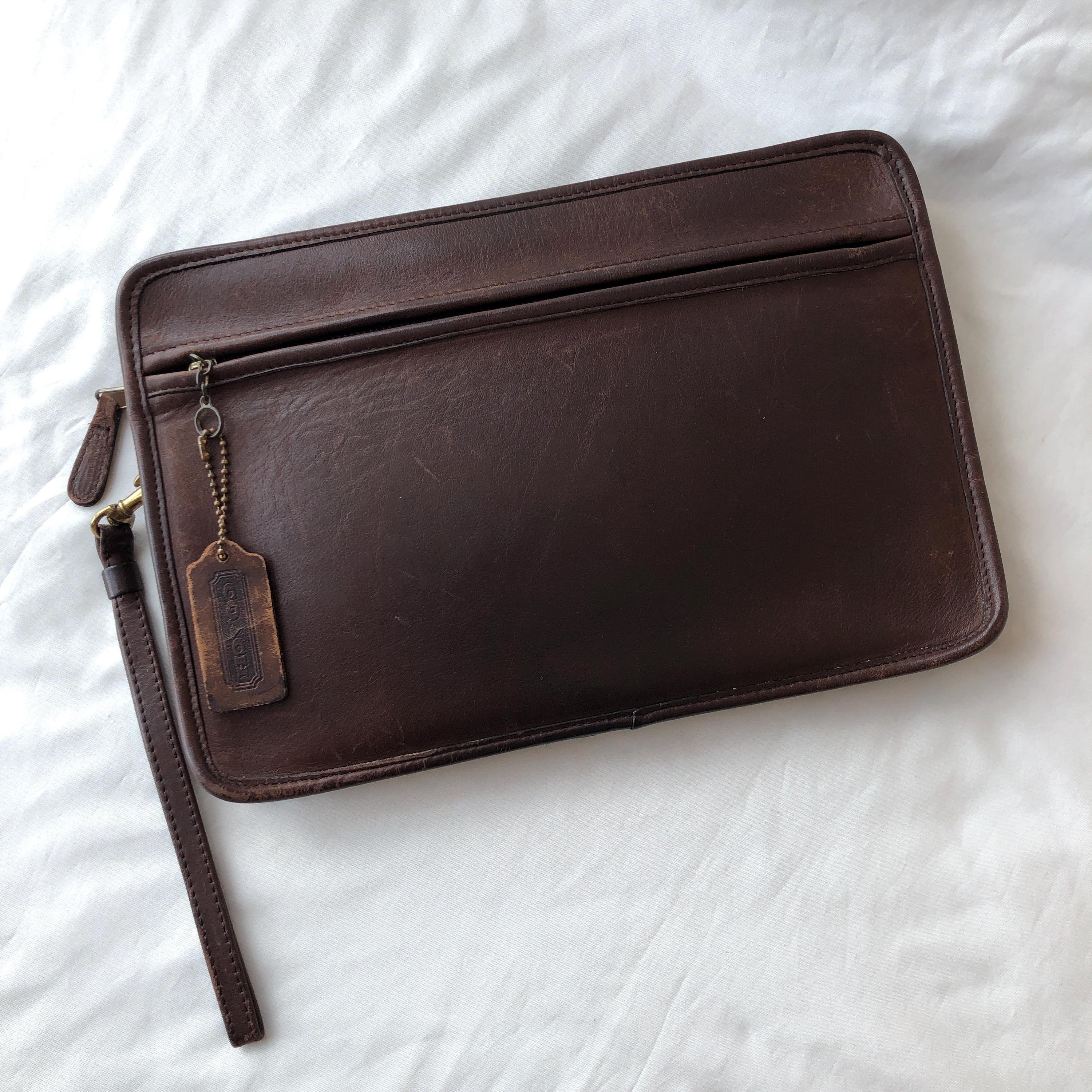 Vintage Coach 9834 Mahogany Brown Leather Large Zip Clutch Bag Pre