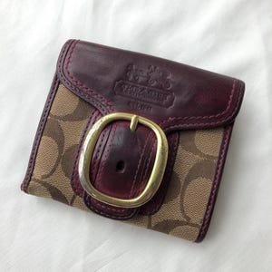 Coach Bleecker Wallet Purple Leather Flap Buckle Brown Signature Canvas Purse