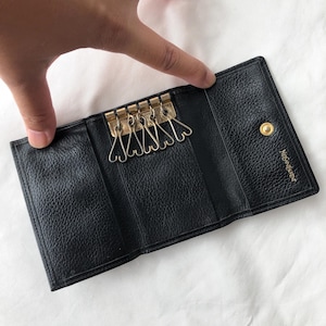 Carteira vintage YSL Saint Laurent Key, preta, couro, tripla, porta-moedas