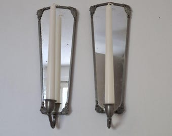 Paar Vintage schwedische Zinn Wandleuchten mit Spiegeln c. Um 1930 – Antiker skandinavischer Kerzenhalter, Art Deco Ära