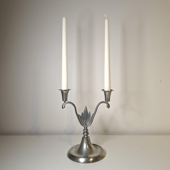 1 Antique Pewter Double Candle Holder | Swedish Art Deco Candlestick | Vintage Scandinavian Home Decor