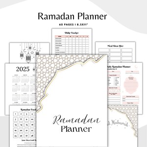 May include: A printable Ramadan planner with 60 pages, measuring 8.5 by 11 inches. The planner features a white background with a gold and gray geometric pattern. The text "Ramadan Planner" is written in a decorative script font. The planner includes sections for tracking dhikr, meal ideas, and daily Ramadan planning.