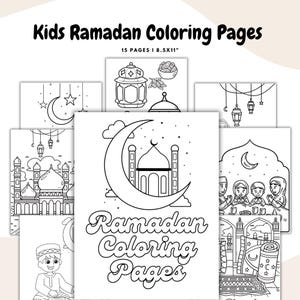 Könnte beinhalten: Eine Sammlung von Ramadan-Malvorlagen für Kinder in Schwarzweiß. Die Seiten zeigen Illustrationen von Moscheen, Monden, Laternen und Kindern. Der Text "Kids Ramadan Coloring Pages" und "Ramadan Coloring Pages" ist zu sehen. Die Seiten sind 8,5 x 11 Zoll groß.