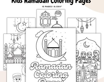 May include: A collection of black and white Ramadan coloring pages for kids. The pages feature illustrations of mosques, crescent moons, lanterns, and children. The text "Kids Ramadan Coloring Pages" and "Ramadan Coloring Pages" are displayed on the pages. The pages are 8.5x11 inches.