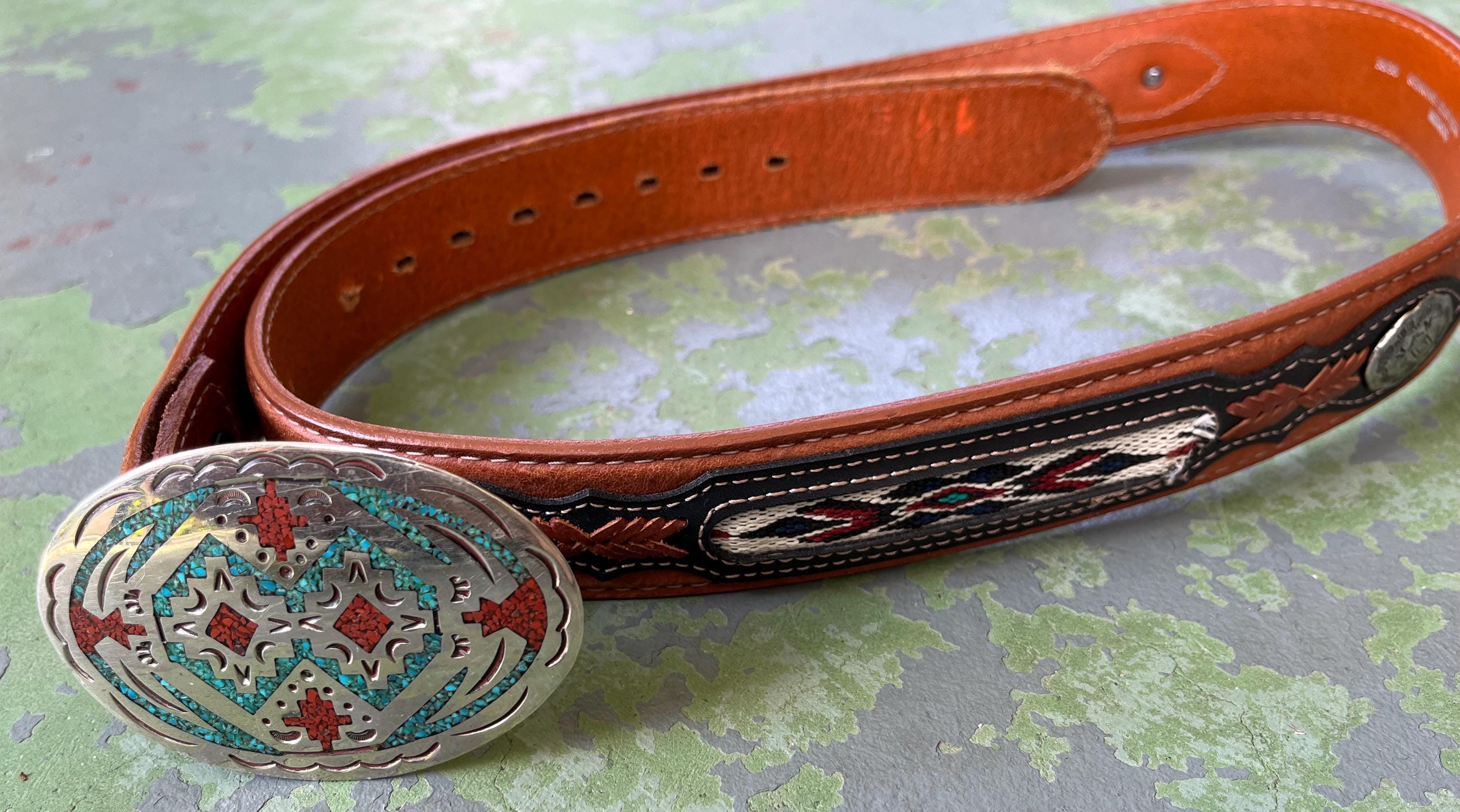 Vintage Solid Nickel SILVER flower Belt Buckle Tan Leather weaved BELT SZ 36-38” Floral Buckle and Loop Set, Stainless Steel, 5/8 main image 2