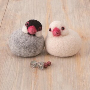 Op de afbeelding: Twee vilten vogelbeeldjes, één grijs en één wit, met roze snavels en zwarte ogen. De grijze vogel heeft een zwarte kop. Een klein takje met namaakbessen en bladeren ligt tussen de vogels op een licht houten oppervlak.