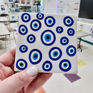 Hand-Painted ceramic evil eye coaster, two piece set, One-of-a-Kind Artwork