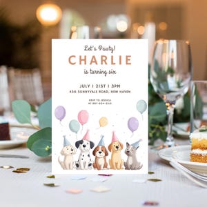 Modèle de toile modifiable pour faire-part d'anniversaire de chien | Carte de fête chiot imprimable | Invitation d'anniversaire numérique pour animal de compagnie | Célébration de chien personnalisée