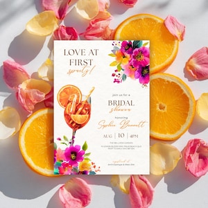 Aperol Spritz Bridal Shower Invitation Template – Citrus Bridal Brunch or Kitchen Tea Canva Invite – Editable Love at First Spritz Design
